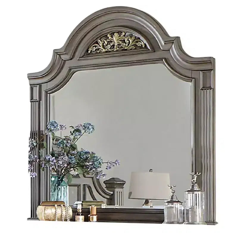 Specchio per comò Royal Hampton, 49 pollici, forma ad arco floreale, legno massello grigio