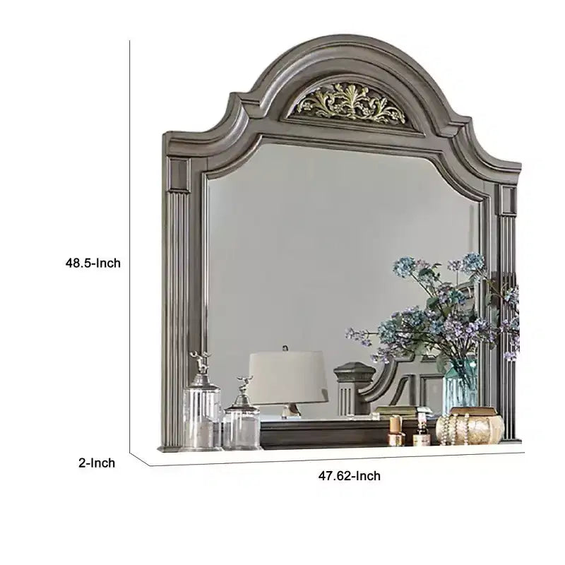 Specchio per comò Royal Hampton, 49 pollici, forma ad arco floreale, legno massello grigio