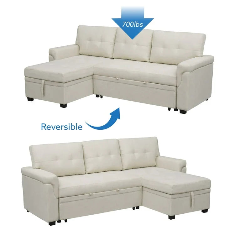 Divano sezionale reversibile con letto estraibile, chaise longue con contenitore nascosto, gambe durevoli,