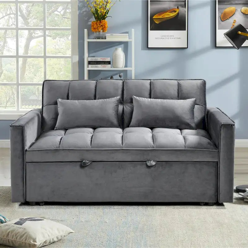Divanetto futon moderno in velluto con schienale reclinabile e tasche, 2 posti – Grigio scuro / Grigio chiaro / Blu / Nero