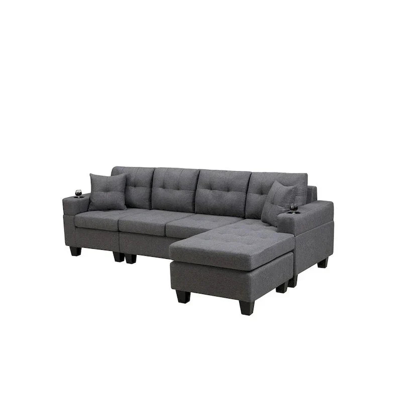 Divano componibile da soggiorno con chaise longue a L e portabicchieri