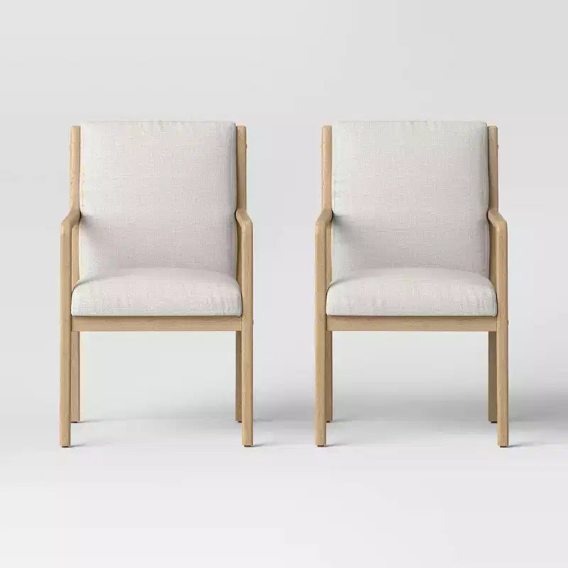 Sedia da pranzo con braccioli in legno Crema e Naturale, Imbottita, Struttura in legno di gomma – Set da 2