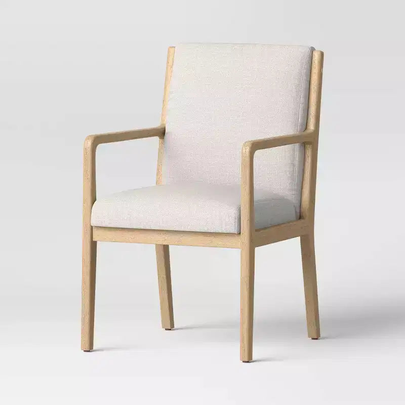 Sedia da pranzo con braccioli in legno Crema e Naturale, Imbottita, Struttura in legno di gomma – Set da 2