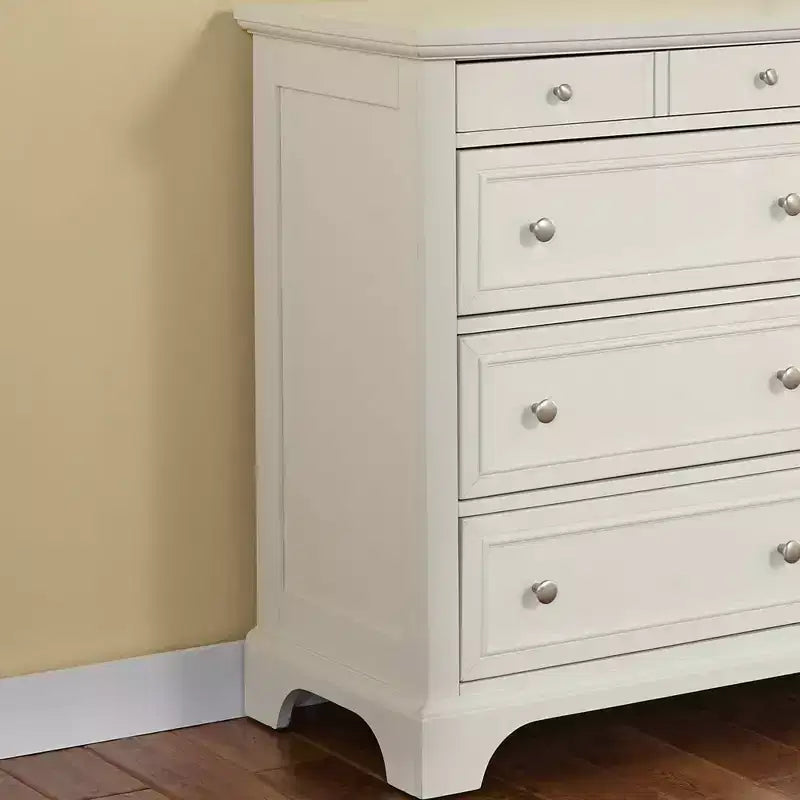 Comò a 8 cassetti in legno duro bianco sporco, ferramenta in nichel spazzolato, contenitore per camera da letto