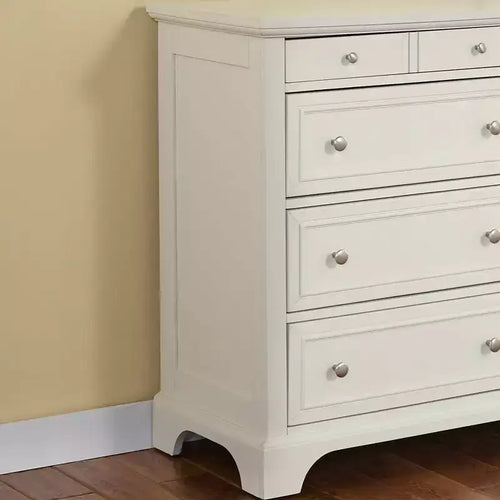 Comò a 8 cassetti in legno duro bianco sporco, ferramenta in nichel spazzolato, contenitore per camera da letto