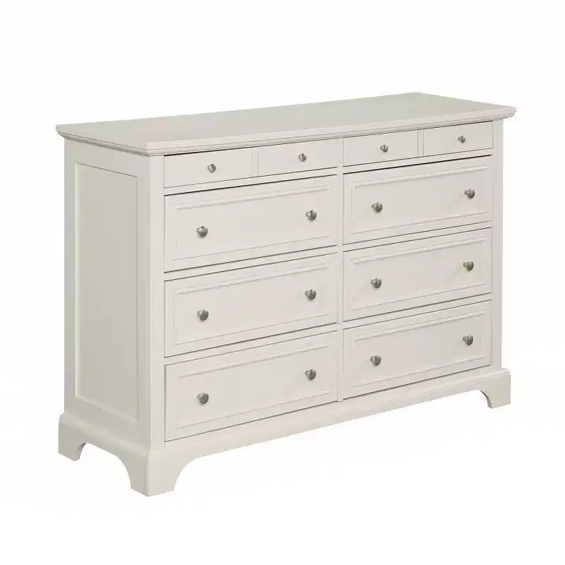 Comò a 8 cassetti in legno duro bianco sporco, ferramenta in nichel spazzolato, contenitore per camera da letto