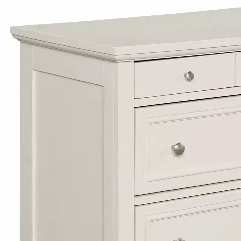 Comò a 8 cassetti in legno duro bianco sporco, ferramenta in nichel spazzolato, contenitore per camera da letto