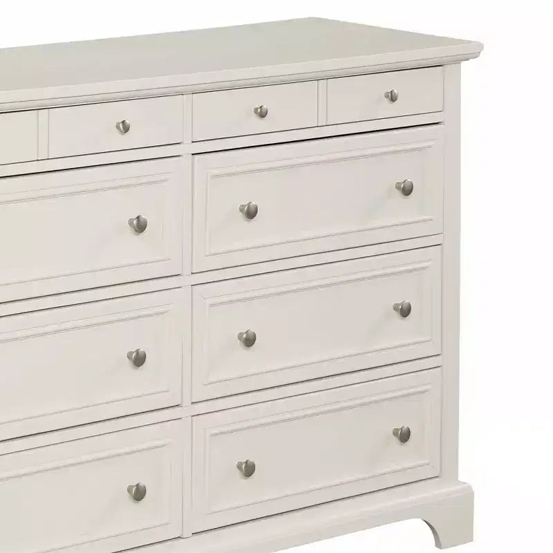 Comò a 8 cassetti in legno duro bianco sporco, ferramenta in nichel spazzolato, contenitore per camera da letto