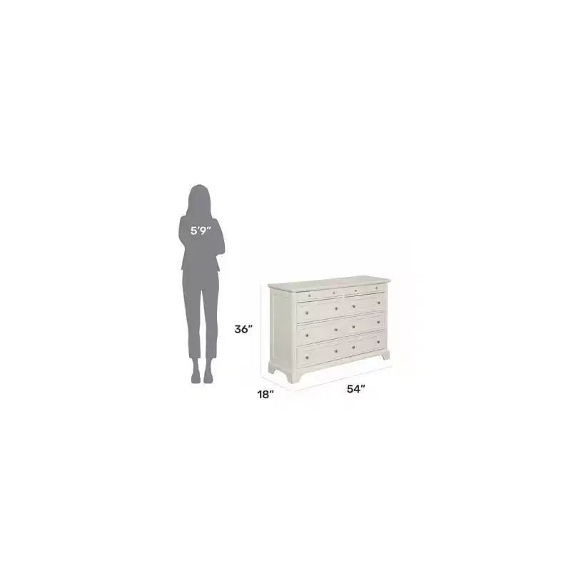 Comò a 8 cassetti in legno duro bianco sporco, ferramenta in nichel spazzolato, contenitore per camera da letto