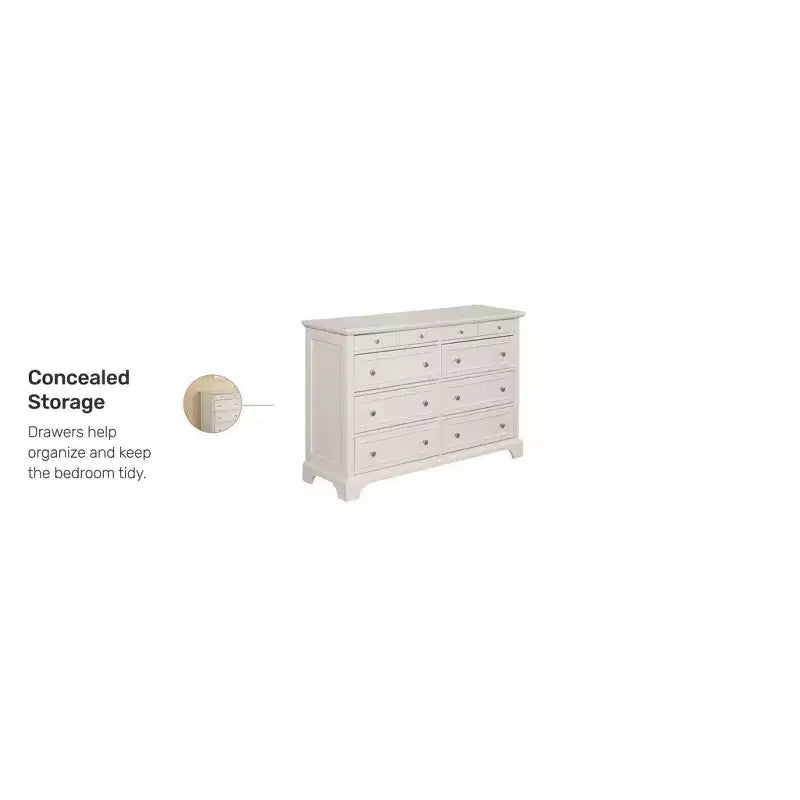 Comò a 8 cassetti in legno duro bianco sporco, ferramenta in nichel spazzolato, contenitore per camera da letto