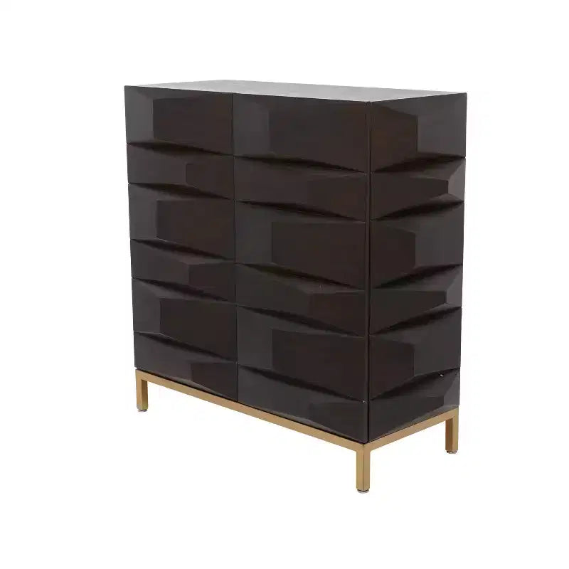 Credenza Laterale Moderna Intagliata a Faccette in Legno, 2 Ante, Marrone e Oro, 45 kg
