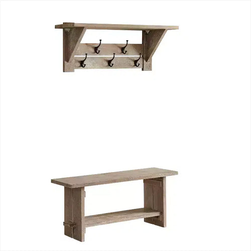 40" Castleton Mango Wood Bench and Coat Hook with Shelf Driftwood - Alaterre Furniture: Entryway Storage, 5 Metal Hooks, No Surface Treatment