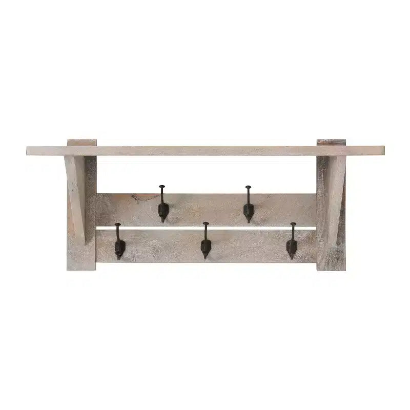 Panca da ingresso da 101 cm in legno di mango e appendiabiti con set di mensole, Driftwood, 5 ganci in metallo