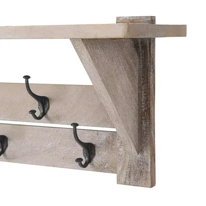 Panca da ingresso da 101 cm in legno di mango e appendiabiti con set di mensole, Driftwood, 5 ganci in metallo