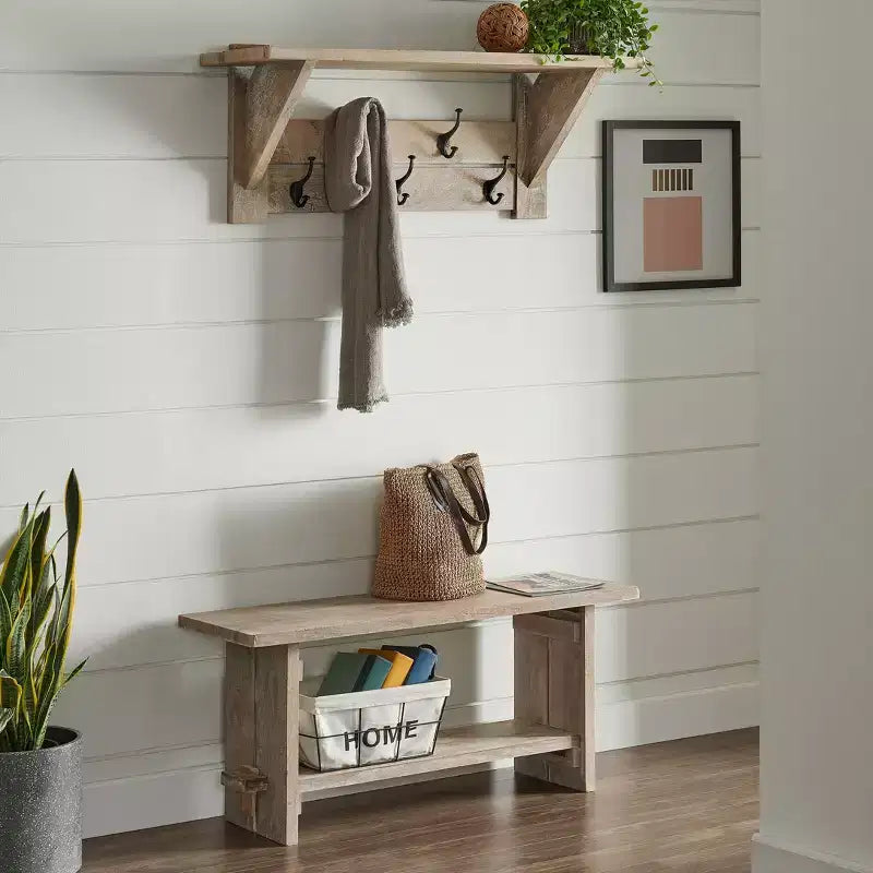 Panca da ingresso da 101 cm in legno di mango e appendiabiti con set di mensole, Driftwood, 5 ganci in metallo