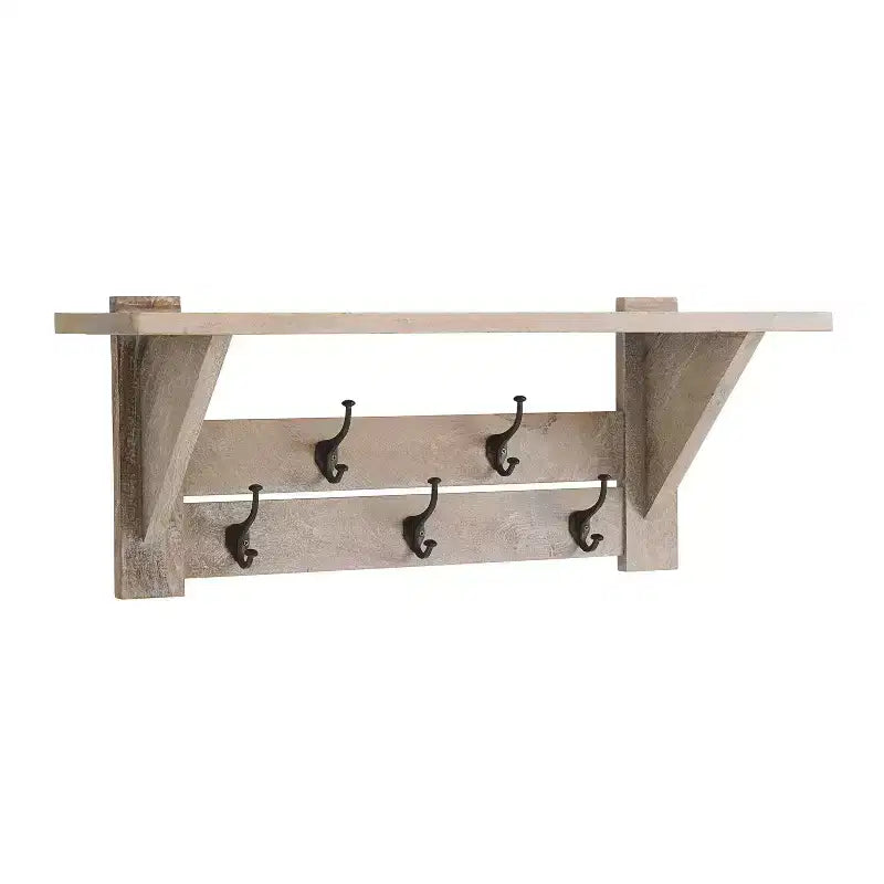Panca da ingresso da 101 cm in legno di mango e appendiabiti con set di mensole, Driftwood, 5 ganci in metallo