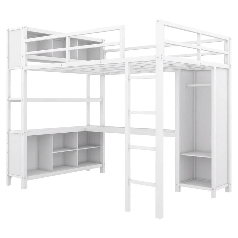 Letto a soppalco in metallo Off-White con scrivania e armadio - Matrimoniale