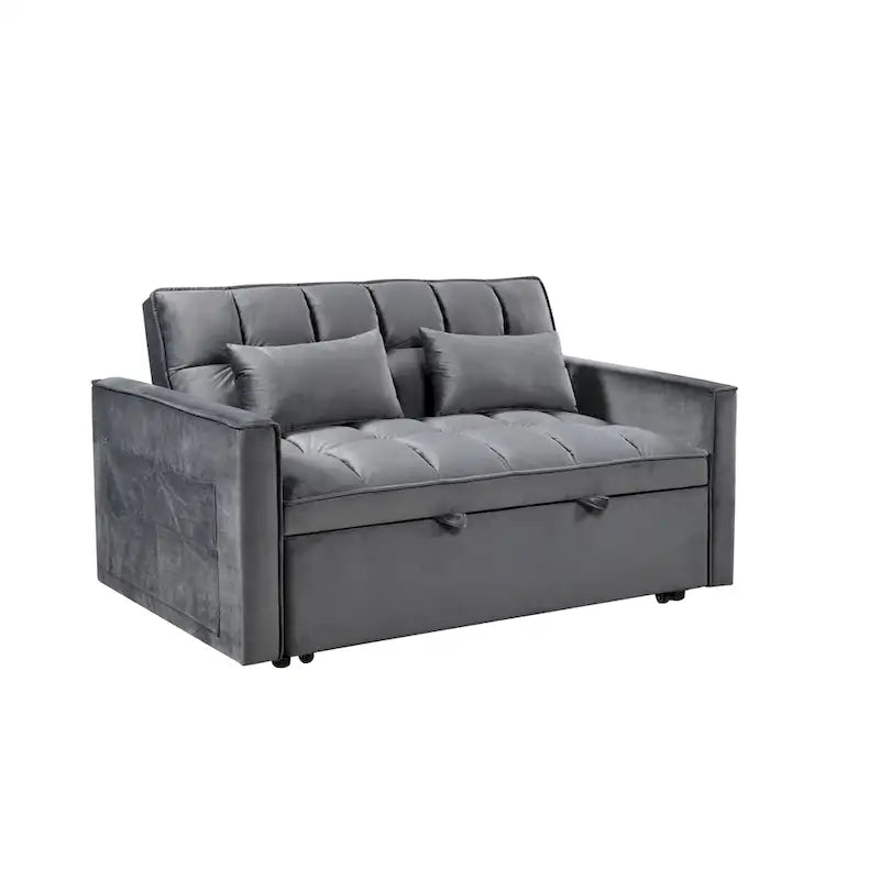 Divanetto futon moderno in velluto con schienale reclinabile e tasche, 2 posti – Grigio scuro / Grigio chiaro / Blu / Nero