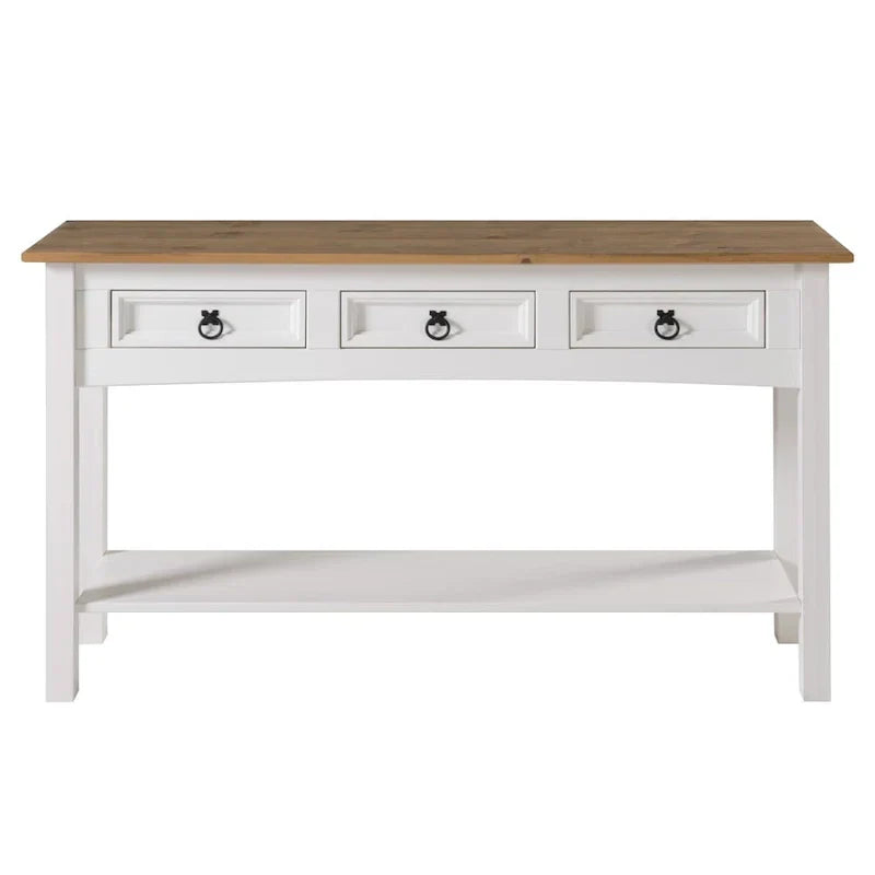 Tavolo Consolle Rustico in Pino Massiccio per Ingresso, Bianco Decapato / Marrone Antico / Grigio Decapato / Non Verniciato, 3 Cassetti