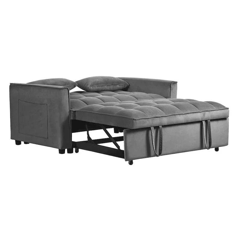 Divanetto futon moderno in velluto con schienale reclinabile e tasche, 2 posti – Grigio scuro / Grigio chiaro / Blu / Nero