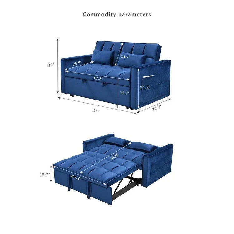 Divanetto futon moderno in velluto con schienale reclinabile e tasche, 2 posti – Grigio scuro / Grigio chiaro / Blu / Nero