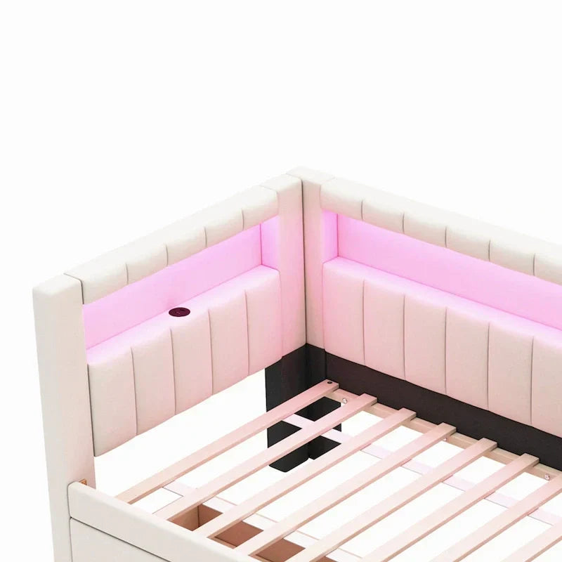 Letto imbottito a piattaforma con porte USB e illuminazione a LED - Struttura letto matrimoniale/singola con 2 cassetti portaoggetti - Camera da letto moderna