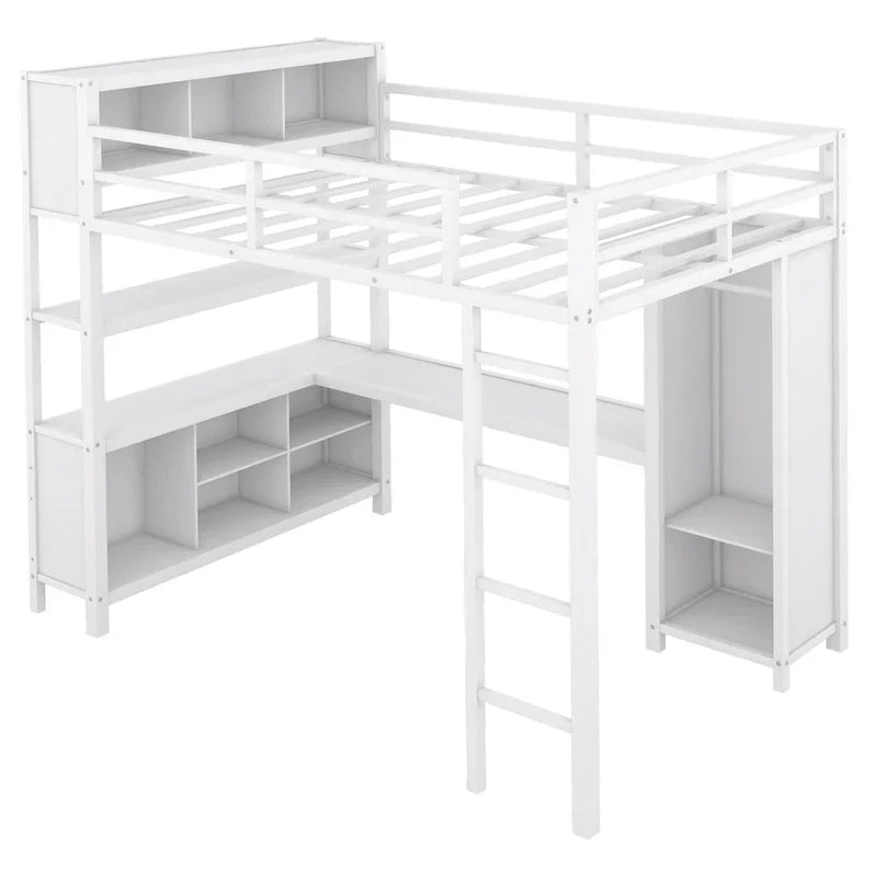 Letto a soppalco in metallo Off-White con scrivania e armadio - Matrimoniale
