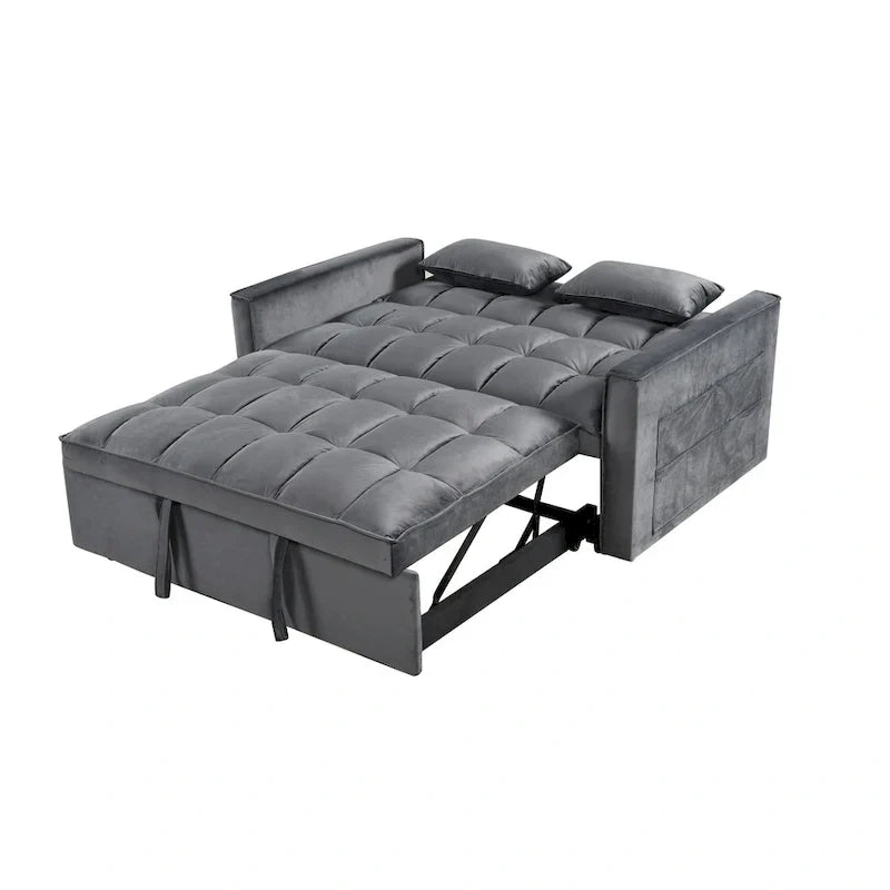 Divanetto futon moderno in velluto con schienale reclinabile e tasche, 2 posti – Grigio scuro / Grigio chiaro / Blu / Nero