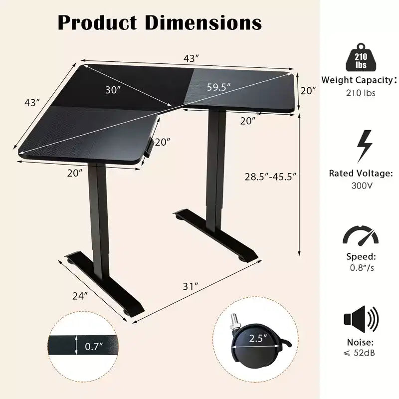 Scrivania Elettrica Regolabile a L, Altezza 72,5-115,5 cm, 95 kg, LCD