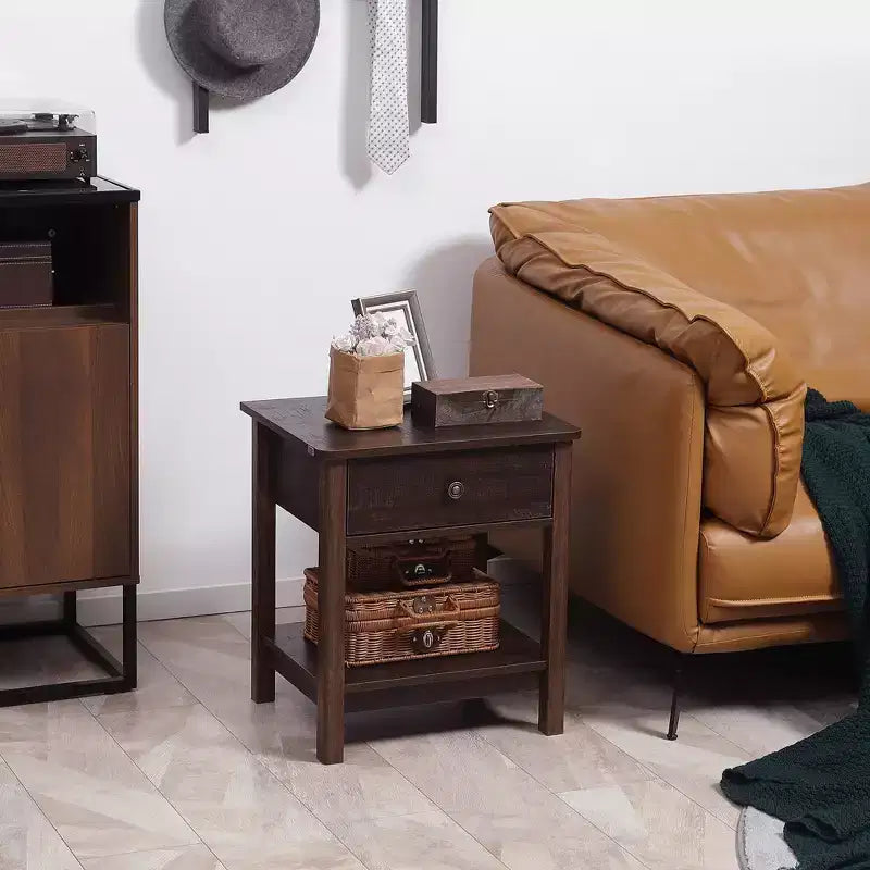 Tavolino da Divano con Cassetto e Ripiano Inferiore, MDF, Marrone, Capacità 40 kg, Stile Rustico