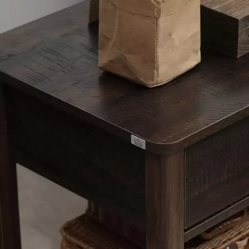 Tavolino da Divano con Cassetto e Ripiano Inferiore, MDF, Marrone, Capacità 40 kg, Stile Rustico