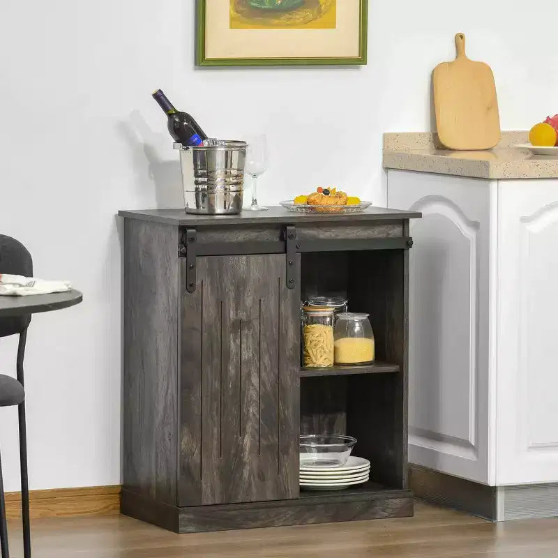 Credenza industriale con ante scorrevoli a persiana e portabottiglie da 6 bottiglie