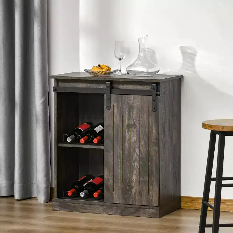 Credenza industriale con ante scorrevoli a persiana e portabottiglie da 6 bottiglie