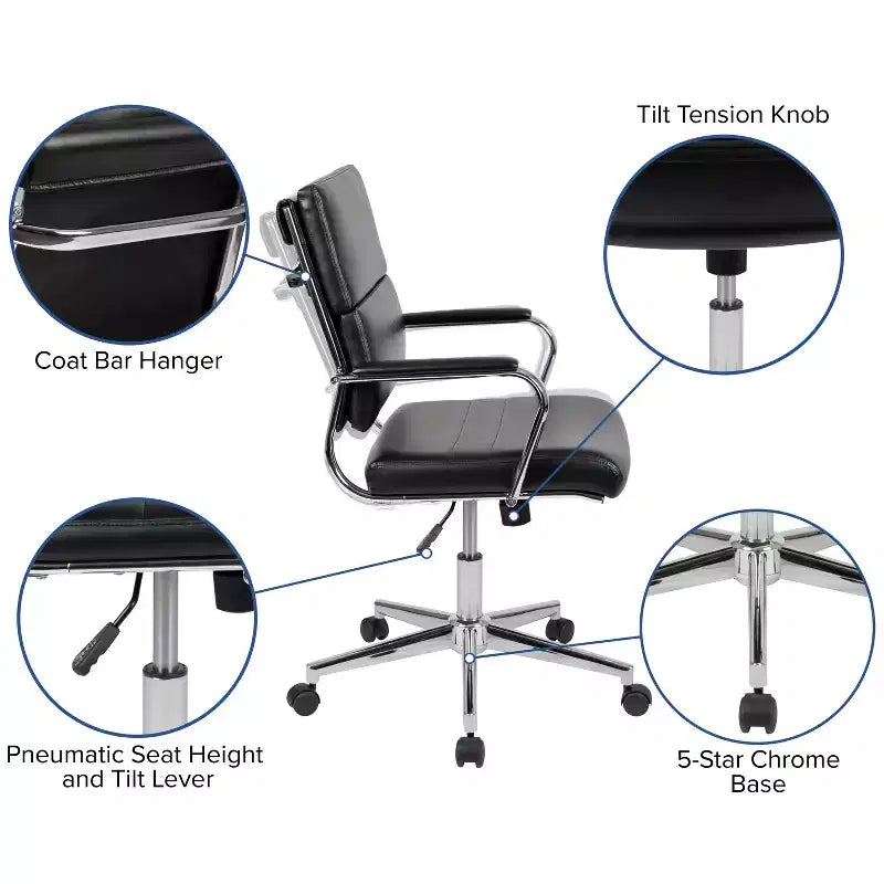 Sedia da ufficio ergonomica girevole, schienale medio, pelle rigenerata, braccioli e base in metallo imbottiti