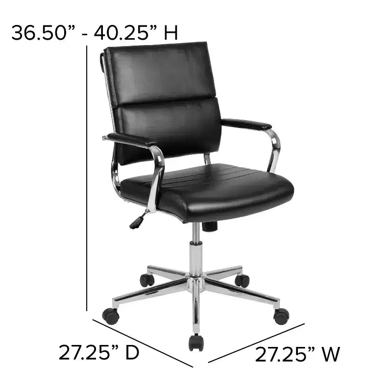 Sedia da ufficio ergonomica girevole, schienale medio, pelle rigenerata, braccioli e base in metallo imbottiti