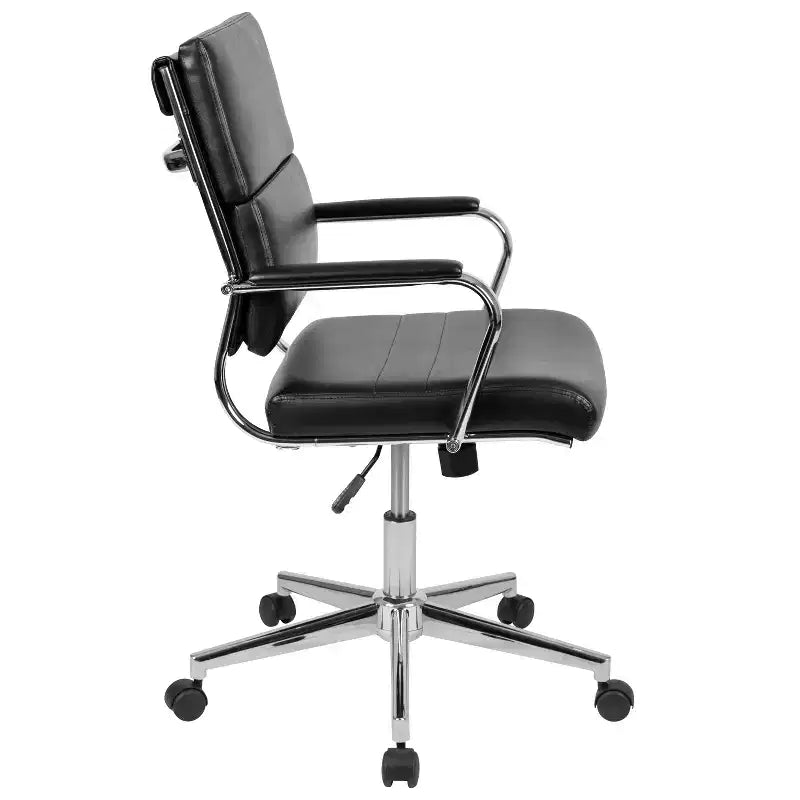 Sedia da ufficio ergonomica girevole, schienale medio, pelle rigenerata, braccioli e base in metallo imbottiti