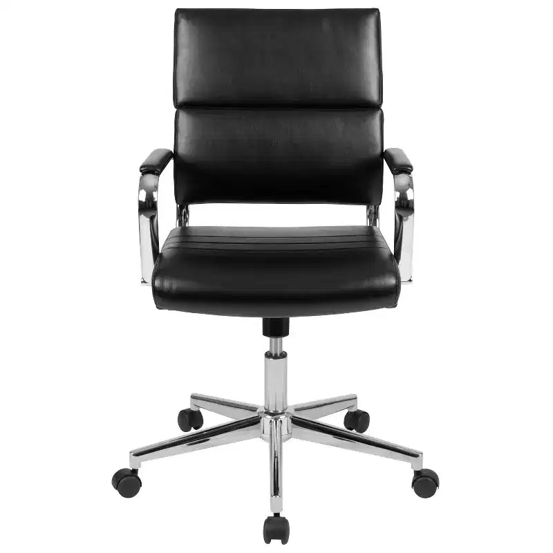 Sedia da ufficio ergonomica girevole, schienale medio, pelle rigenerata, braccioli e base in metallo imbottiti