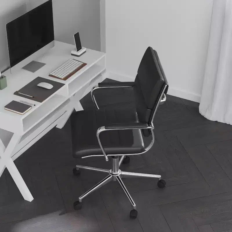 Sedia da ufficio ergonomica girevole, schienale medio, pelle rigenerata, braccioli e base in metallo imbottiti