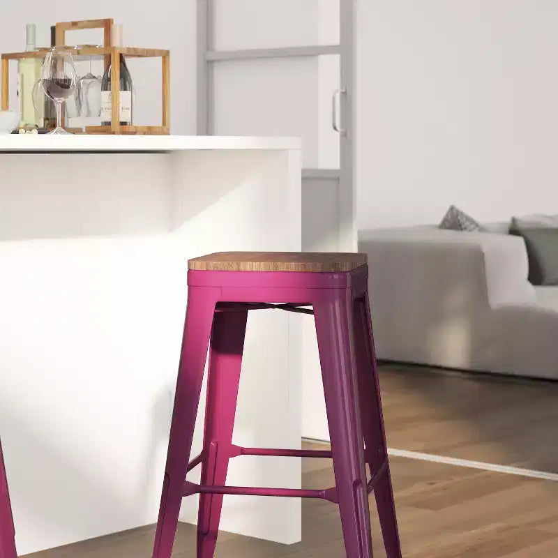 Sgabello da pranzo senza schienale in metallo con seduta in legno, altezza bancone 76 cm, 227 kg, per interni