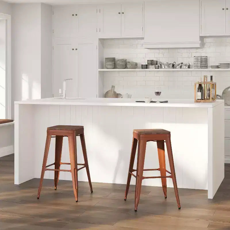 Sgabello da pranzo senza schienale in metallo con seduta in legno, altezza bancone 76 cm, 227 kg, per interni