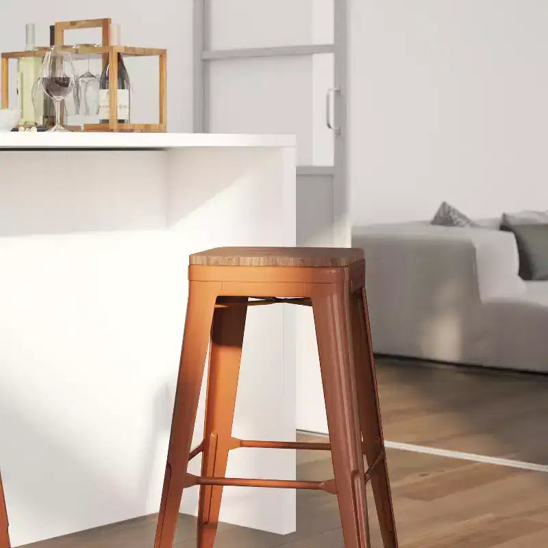 Sgabello da pranzo senza schienale in metallo con seduta in legno, altezza bancone 76 cm, 227 kg, per interni