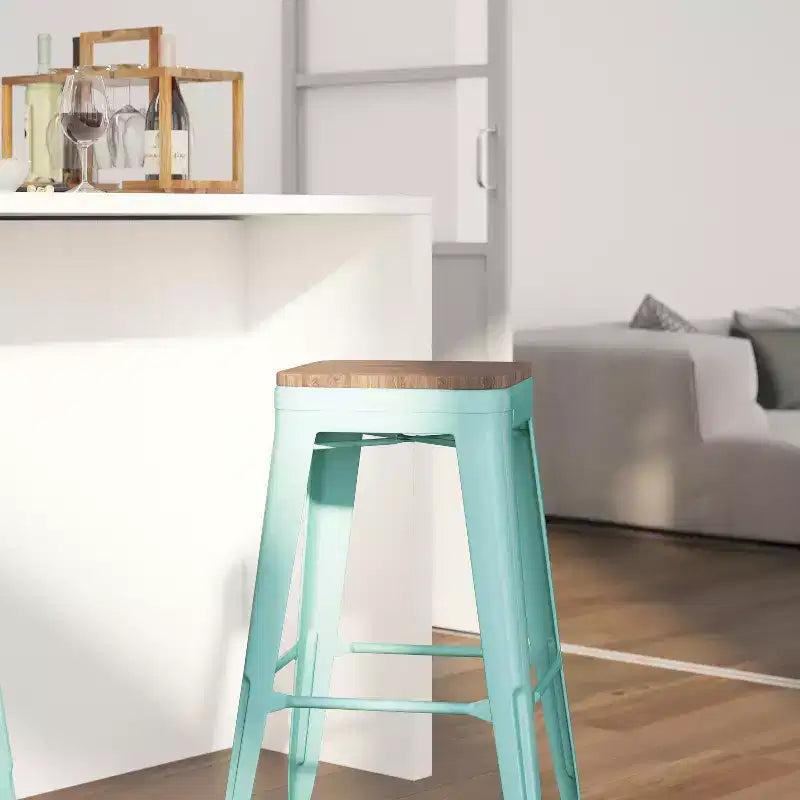 Sgabello da pranzo senza schienale in metallo con seduta in legno, altezza bancone 76 cm, 227 kg, per interni