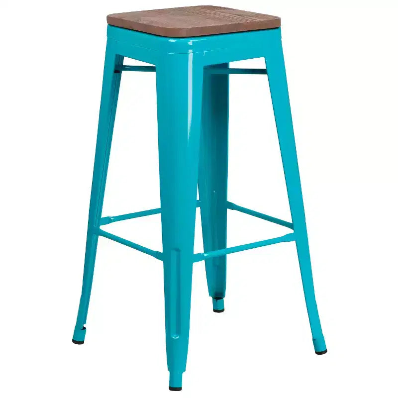 Sgabello da pranzo senza schienale in metallo con seduta in legno, altezza bancone 76 cm, 227 kg, per interni