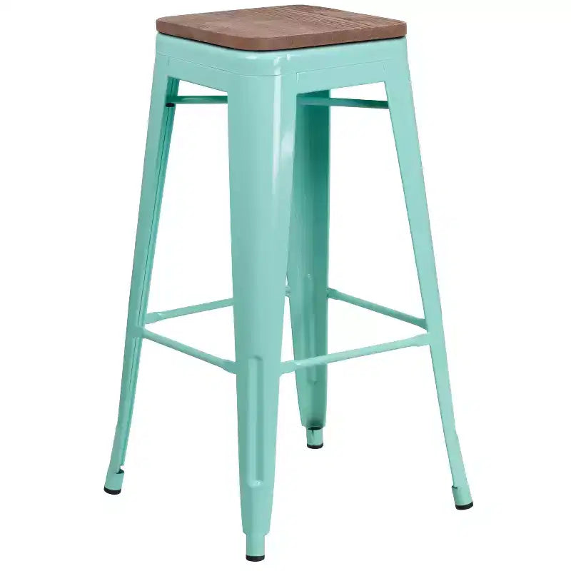 Sgabello da pranzo senza schienale in metallo con seduta in legno, altezza bancone 76 cm, 227 kg, per interni