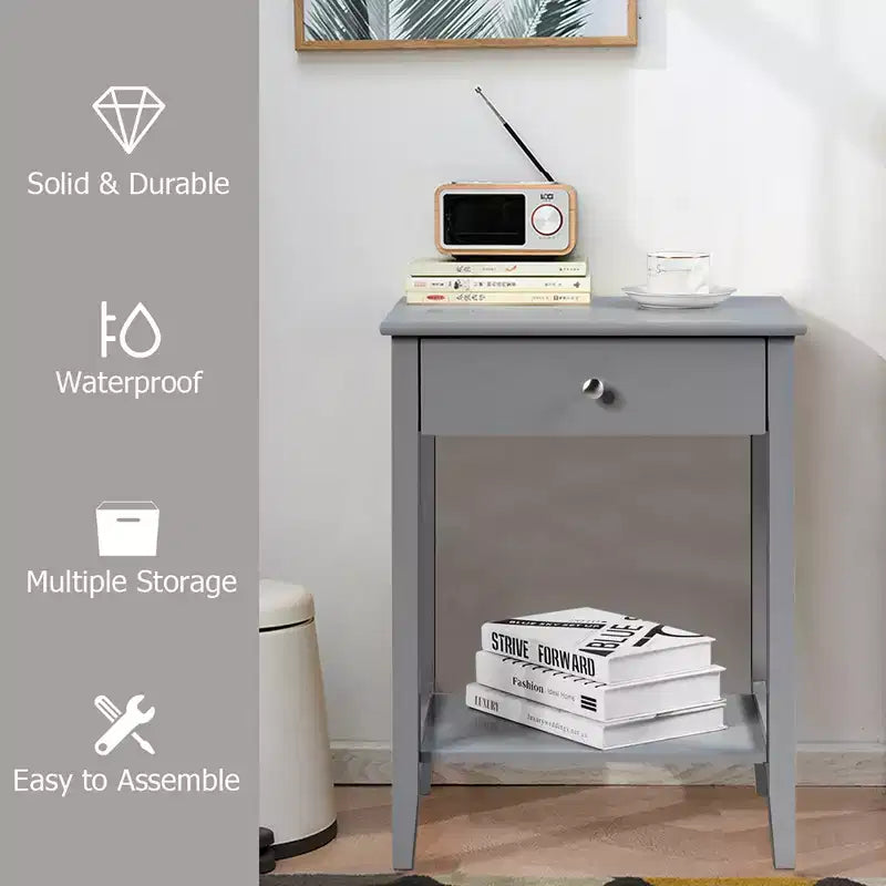 Comodino con cassetto e ripiano aperto, MDF + gambe in pino, design minimalista