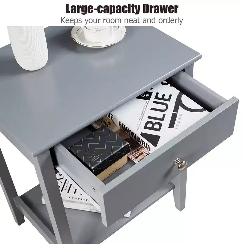 Comodino con cassetto e ripiano aperto, MDF + gambe in pino, design minimalista