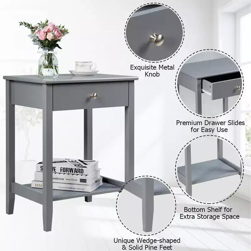 Comodino con cassetto e ripiano aperto, MDF + gambe in pino, design minimalista