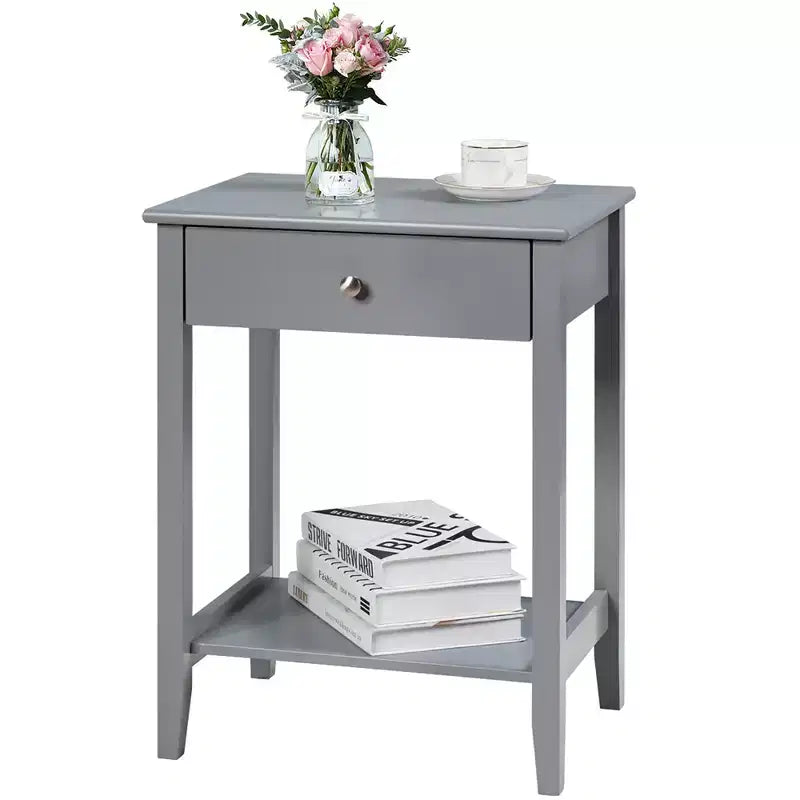 Comodino con cassetto e ripiano aperto, MDF + gambe in pino, design minimalista