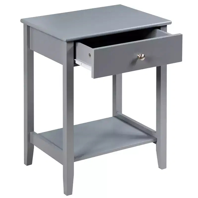 Comodino con cassetto e ripiano aperto, MDF + gambe in pino, design minimalista