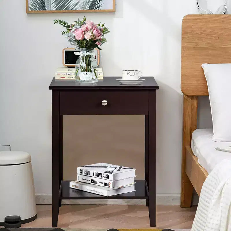 Comodino con cassetto e ripiano aperto, MDF + gambe in pino, design minimalista